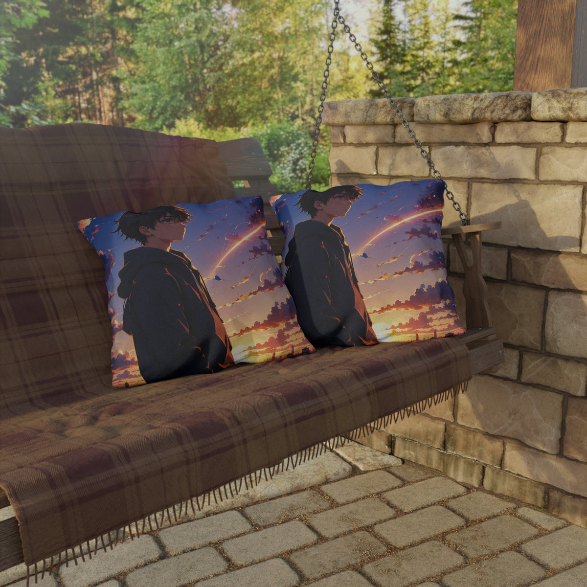 Anime Sunset Boy Outdoor Pillow — Moody Evening Sky Decorative Cushion
