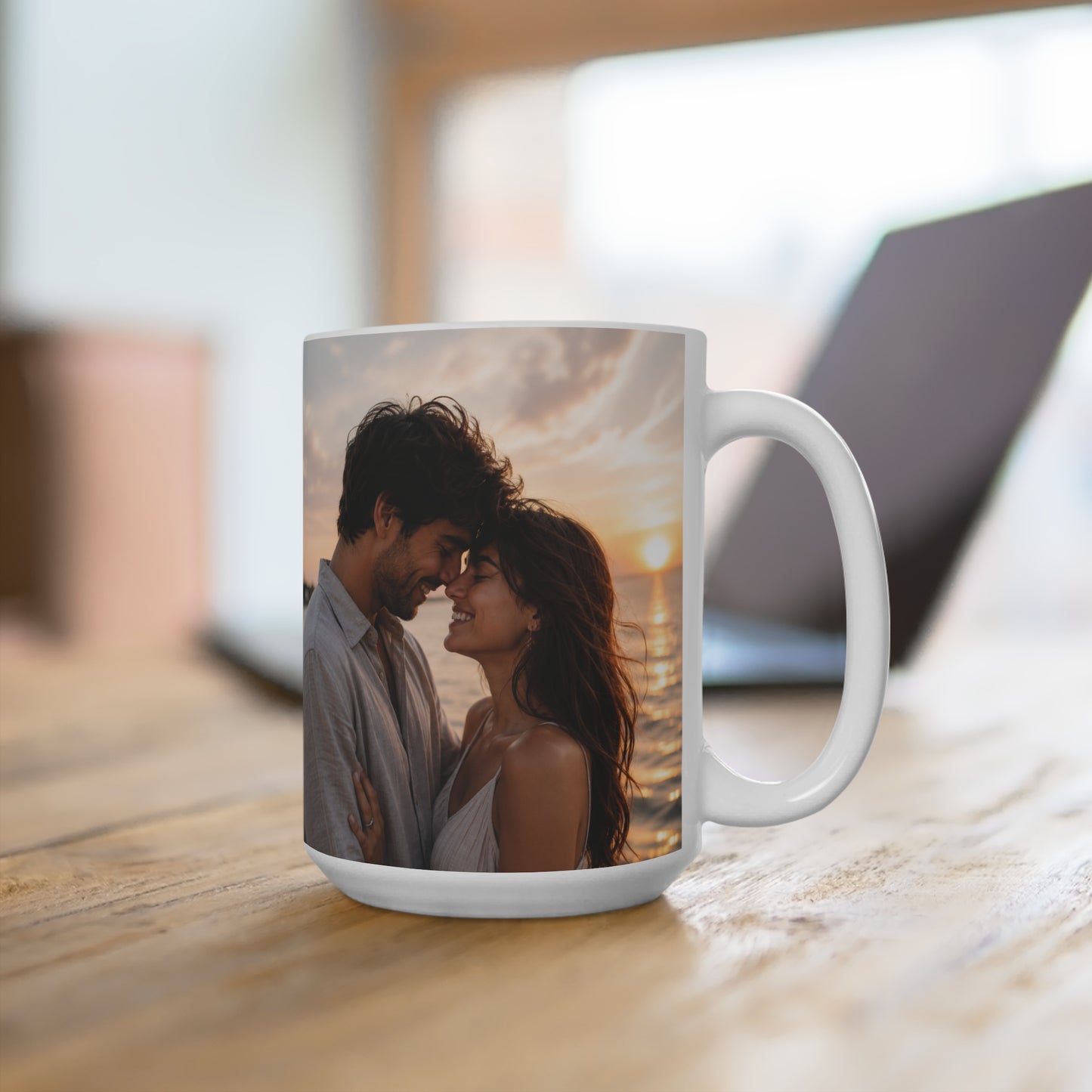Romantic Sunset Photo Mug — Personalized 15oz Couple Keepsake