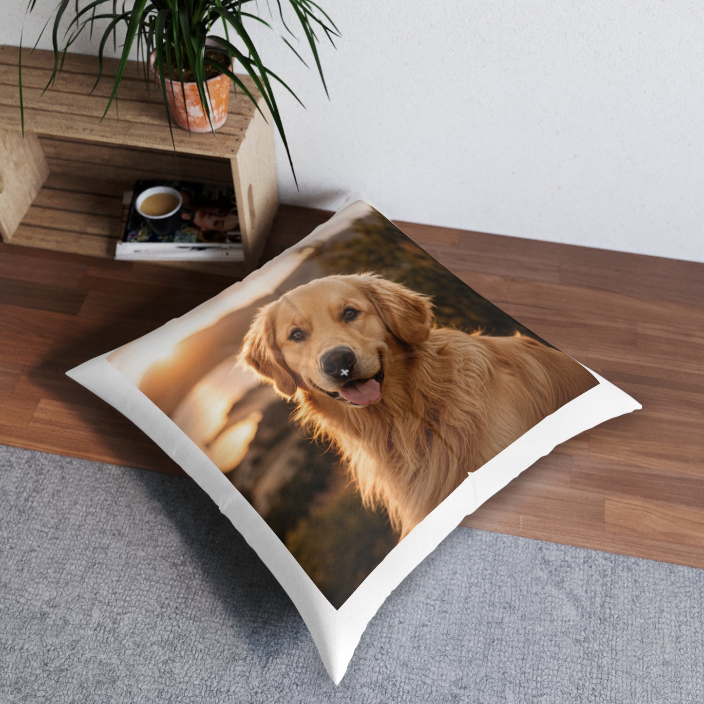 Golden Retriever Photo Floor Pillow — Cozy Square Tufted Pet Cushion