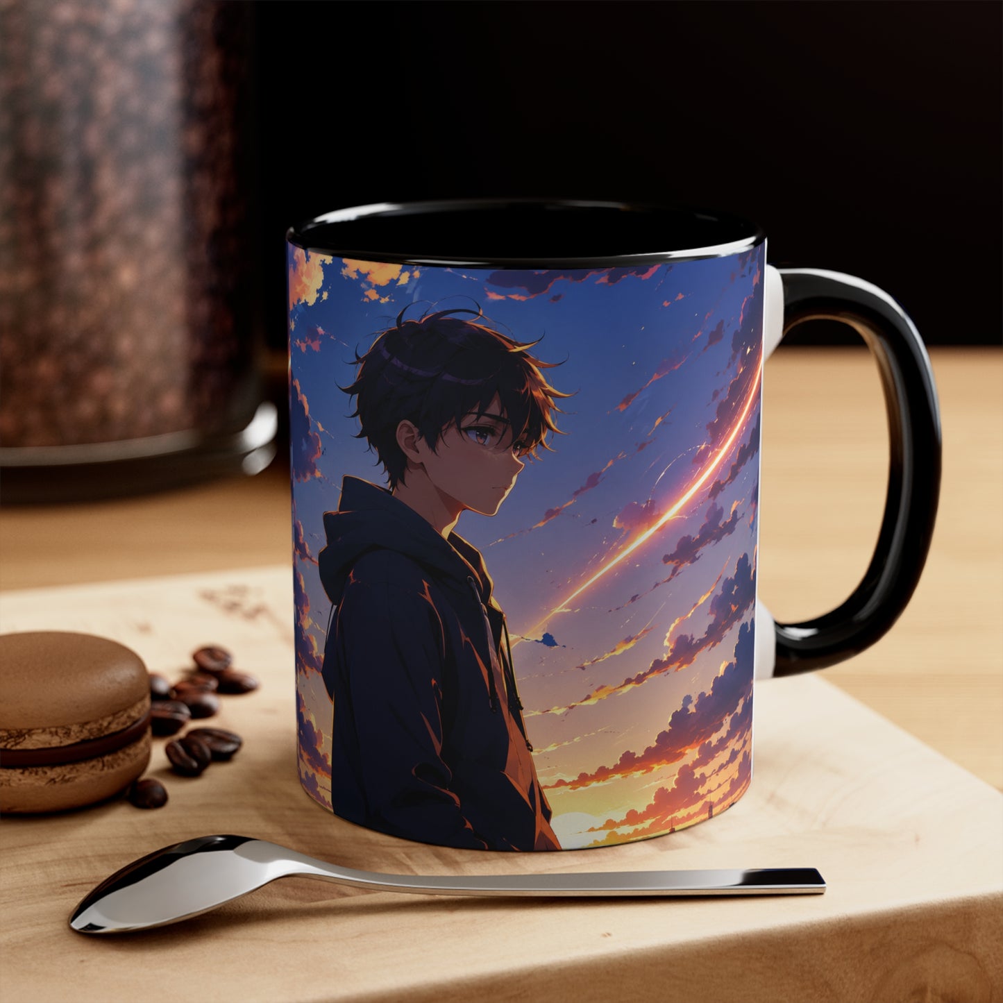 Anime Sunset Accent Mug — Moody Boy Silhouette with Shooting Star