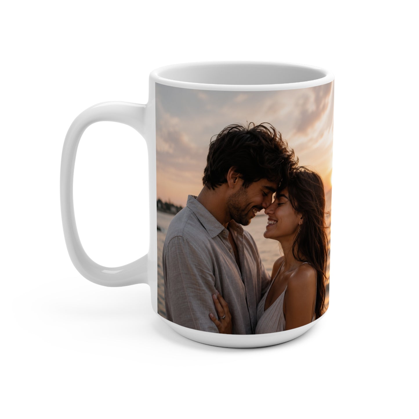 Romantic Sunset Photo Mug — Personalized 15oz Couple Keepsake