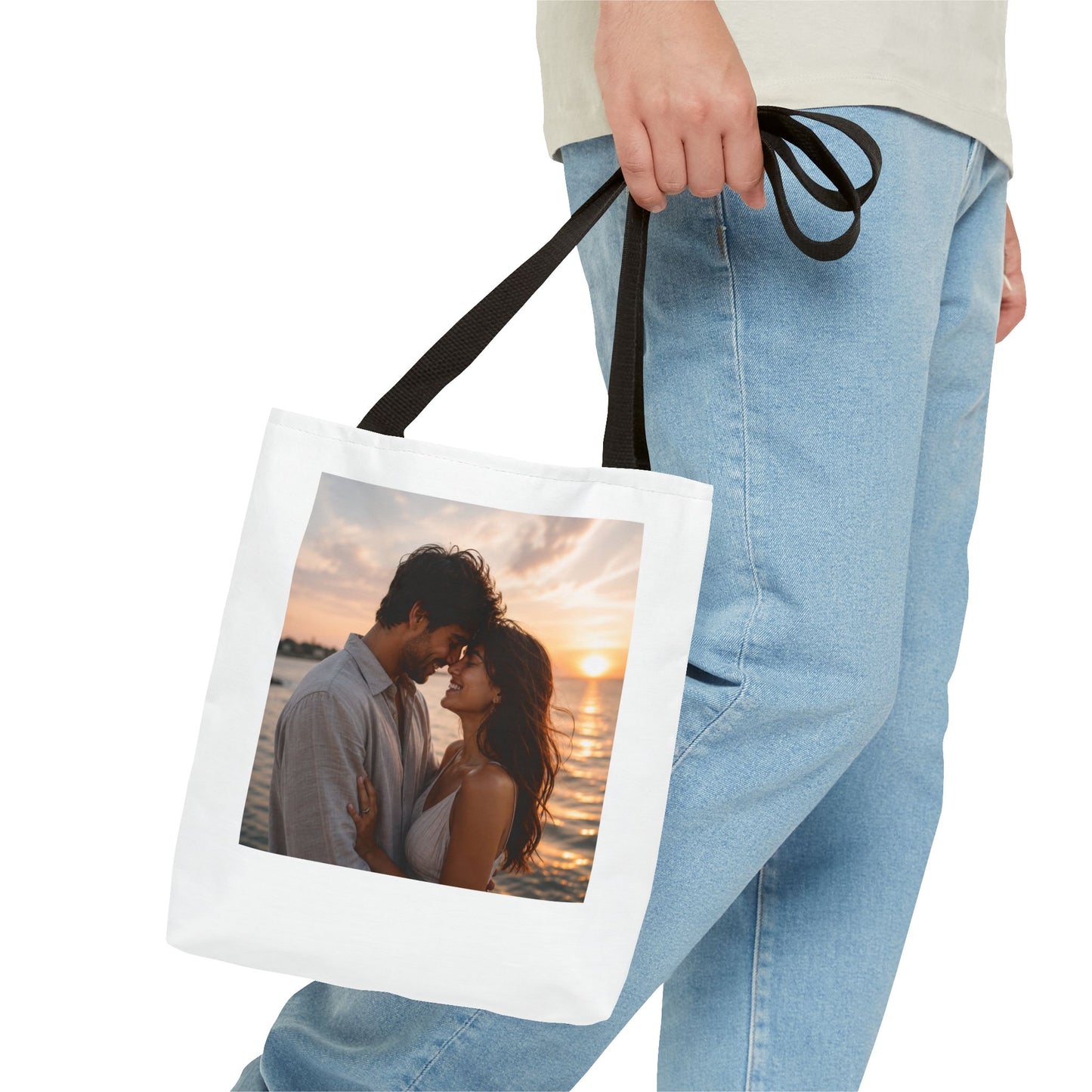 Personalized Photo Tote Bag — Custom Couple Sunset Portrait Beach Bag