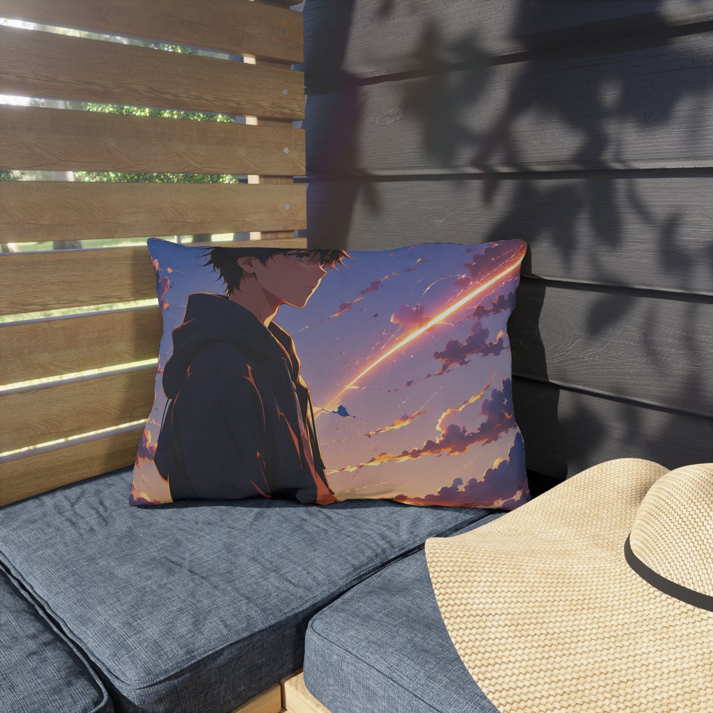 Anime Sunset Boy Outdoor Pillow — Moody Evening Sky Decorative Cushion