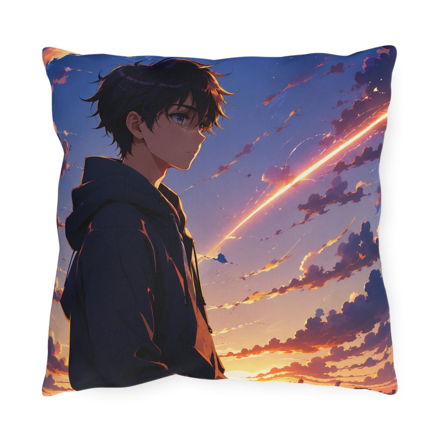Anime Sunset Boy Outdoor Pillow — Moody Evening Sky Decorative Cushion