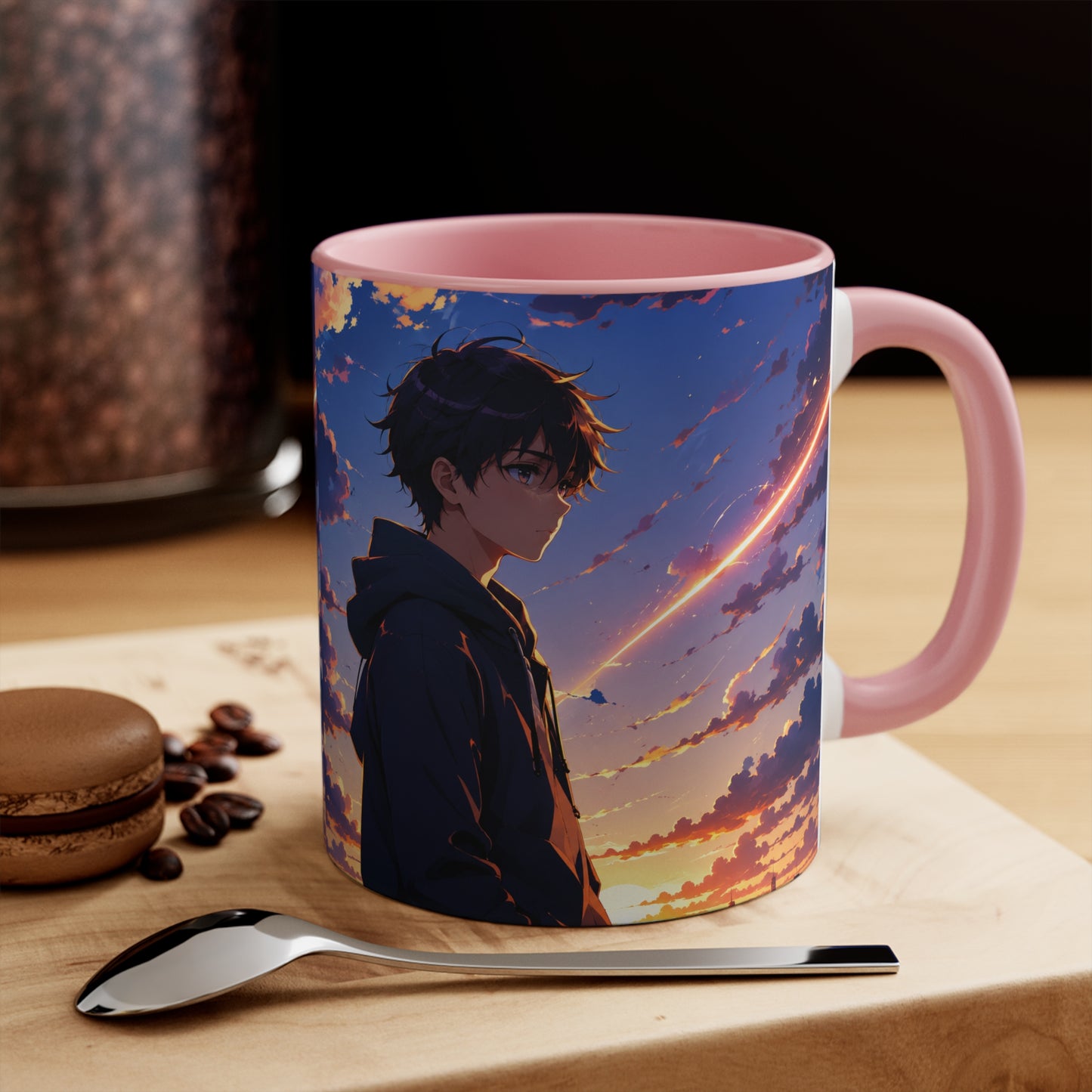 Anime Sunset Accent Mug — Moody Boy Silhouette with Shooting Star