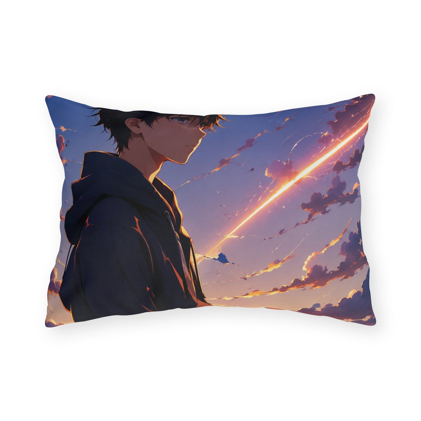 Anime Sunset Boy Outdoor Pillow — Moody Evening Sky Decorative Cushion