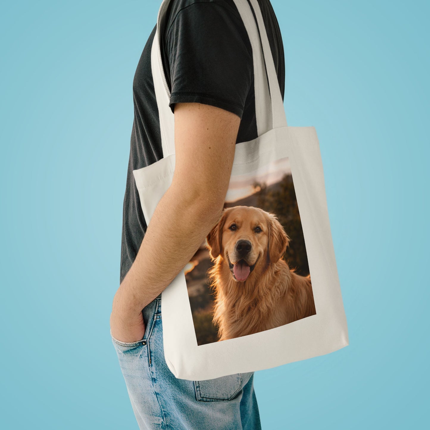 Golden Retriever Photo Tote Bag — Cute Dog Beach Sunset Canvas Tote