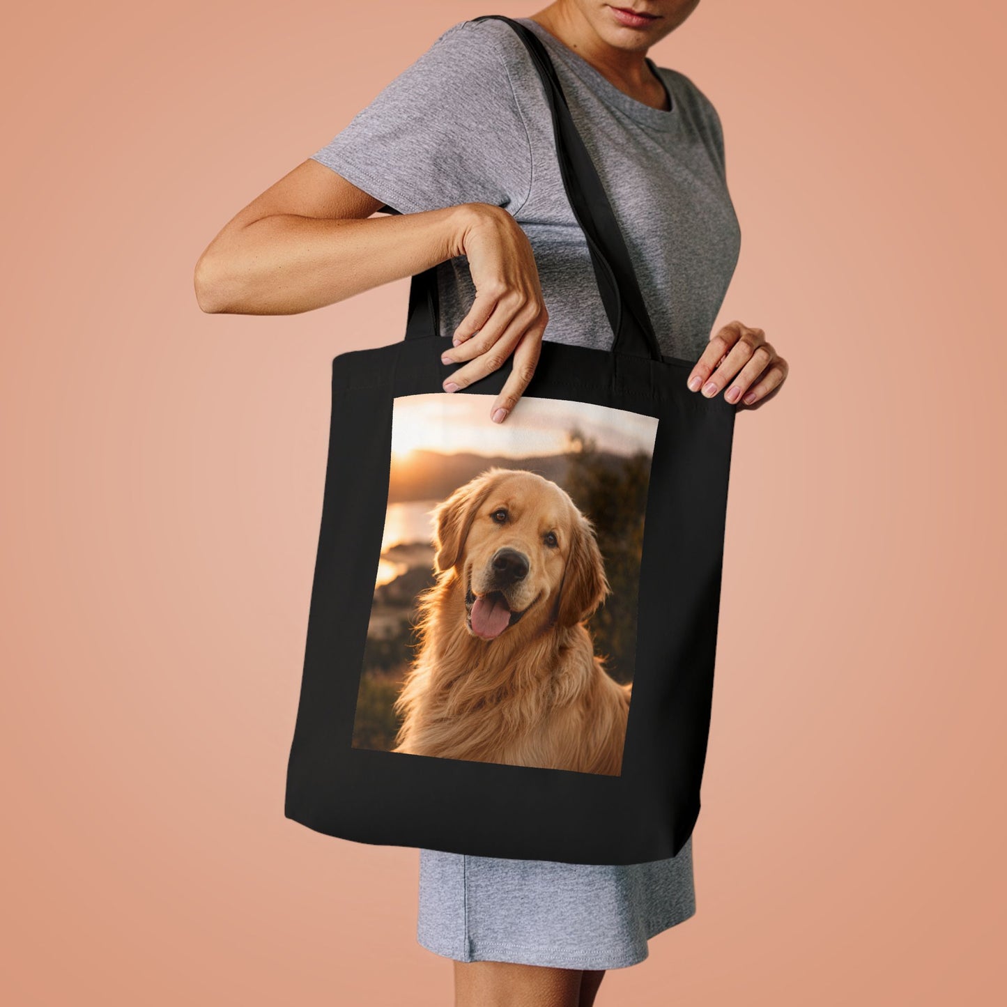 Golden Retriever Photo Tote Bag — Cute Dog Beach Sunset Canvas Tote