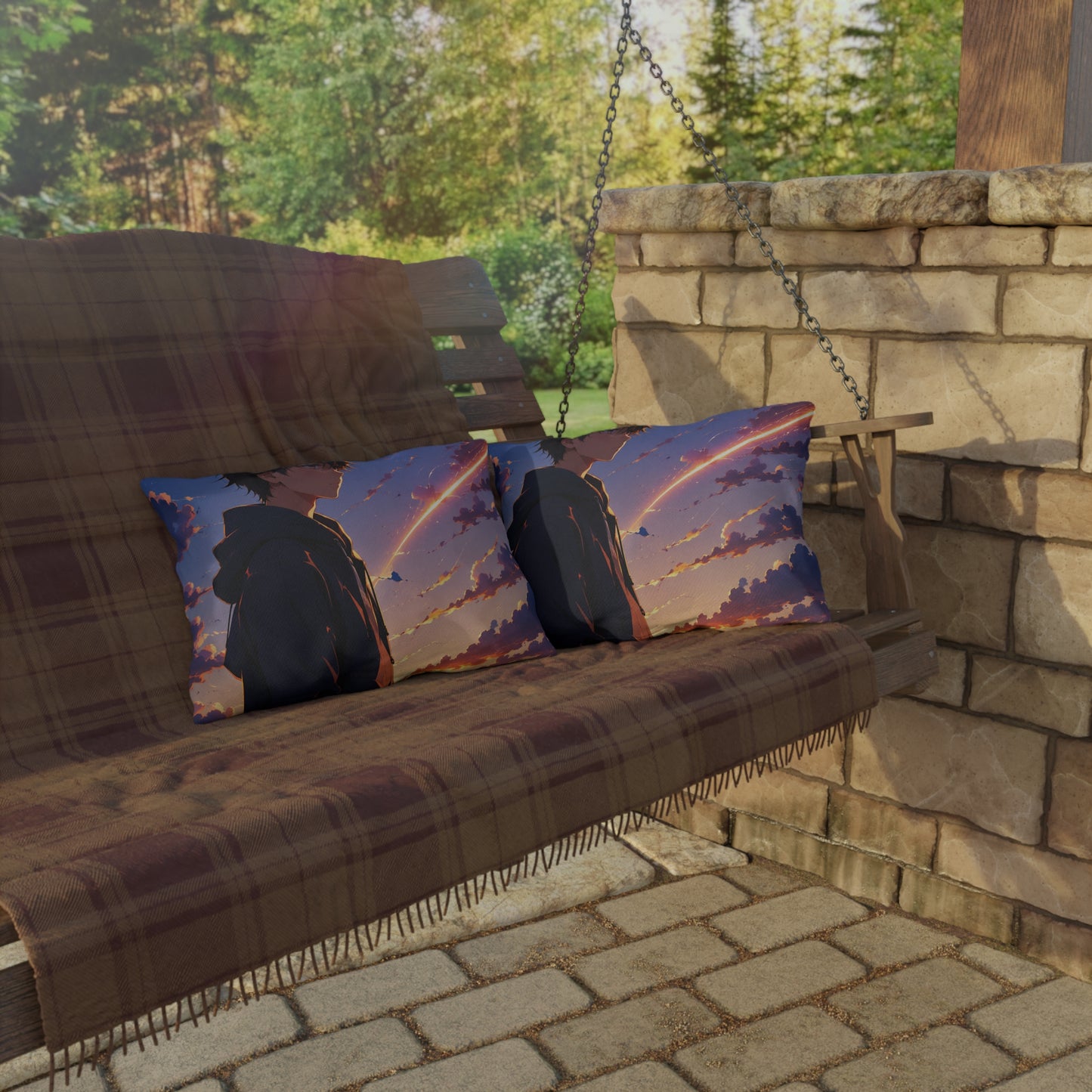 Anime Sunset Boy Outdoor Pillow — Moody Evening Sky Decorative Cushion