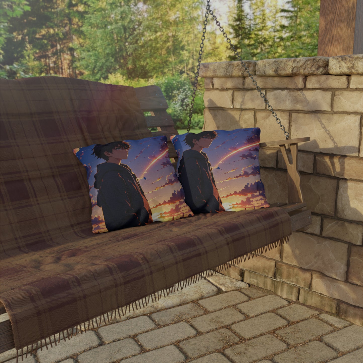 Anime Sunset Boy Outdoor Pillow — Moody Evening Sky Decorative Cushion