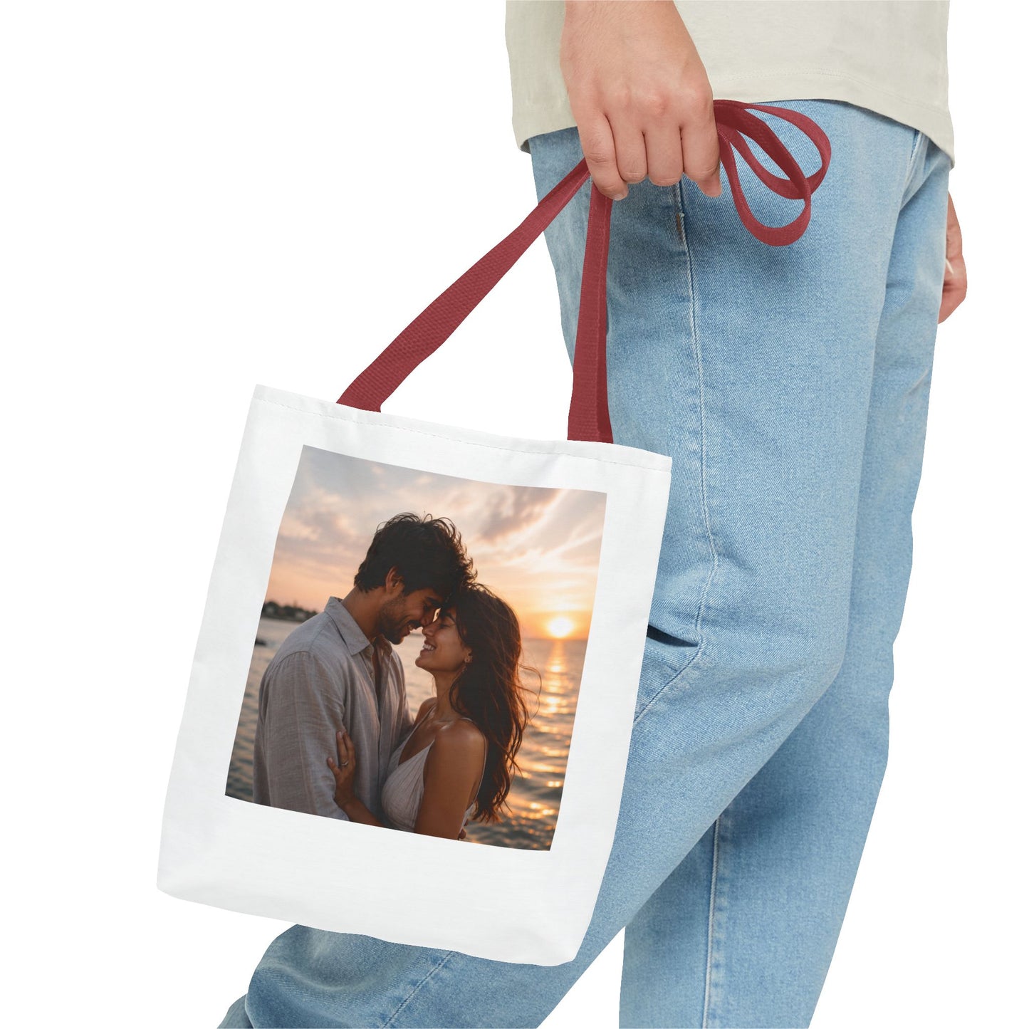 Personalized Photo Tote Bag — Custom Couple Sunset Portrait Beach Bag