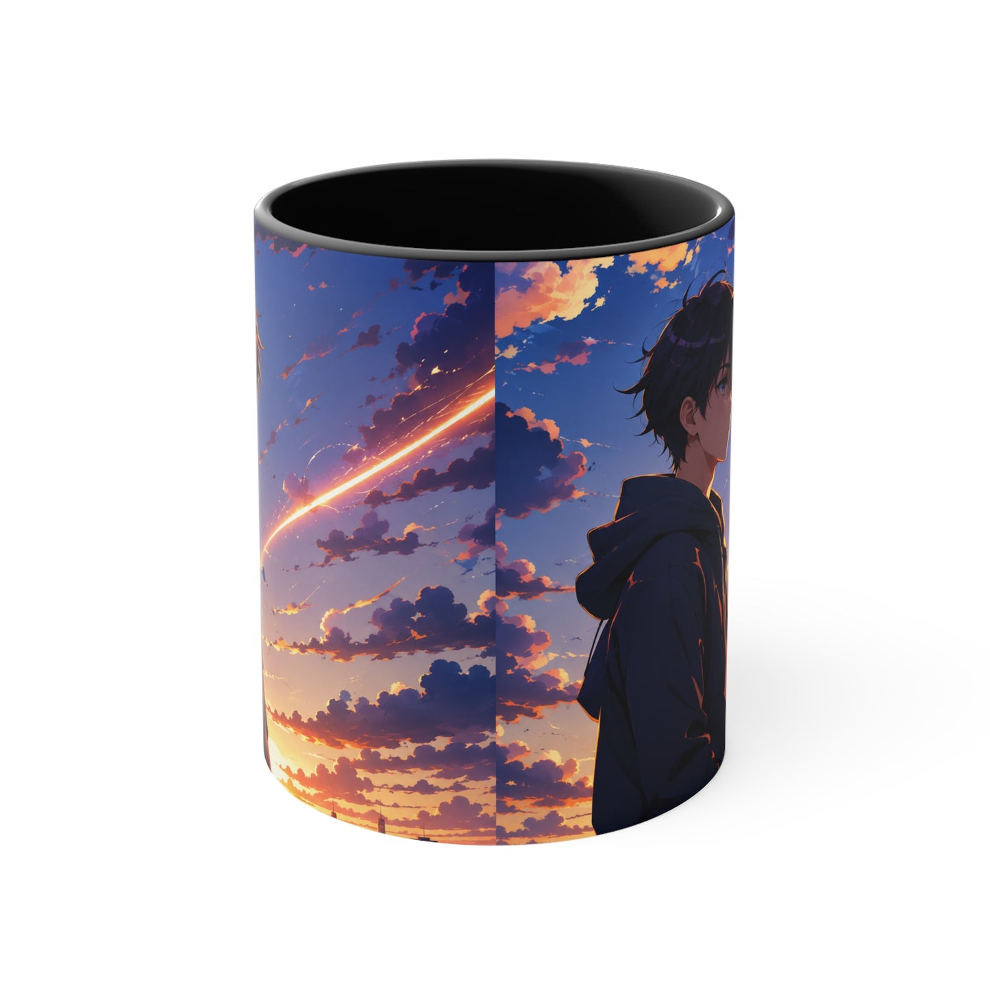 Anime Sunset Accent Mug — Moody Boy Silhouette with Shooting Star