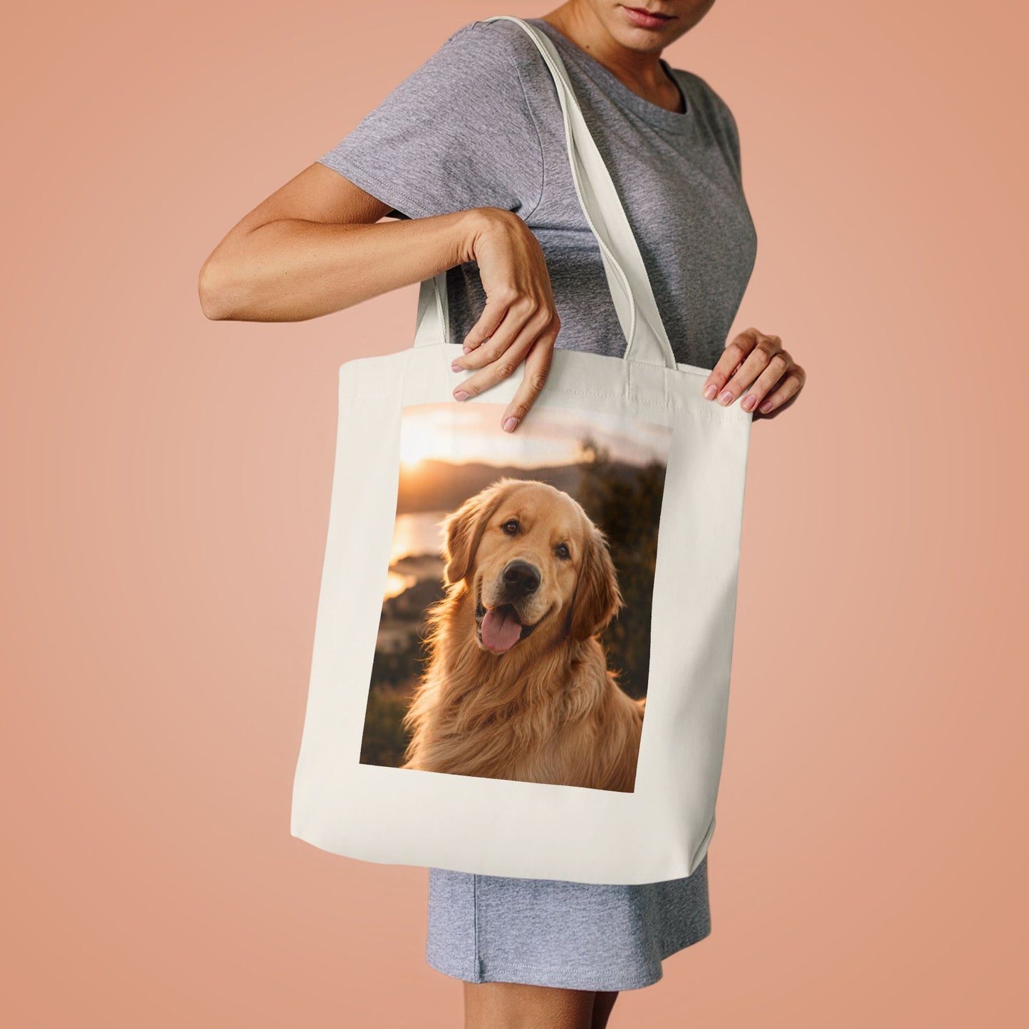 Golden Retriever Photo Tote Bag — Cute Dog Beach Sunset Canvas Tote
