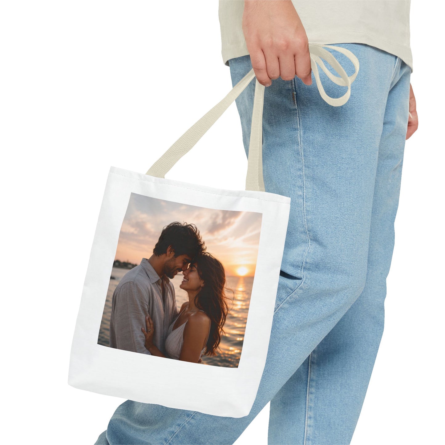 Personalized Photo Tote Bag — Custom Couple Sunset Portrait Beach Bag
