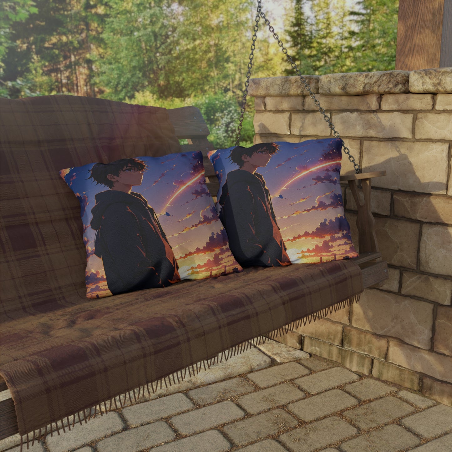 Anime Sunset Boy Outdoor Pillow — Moody Evening Sky Decorative Cushion