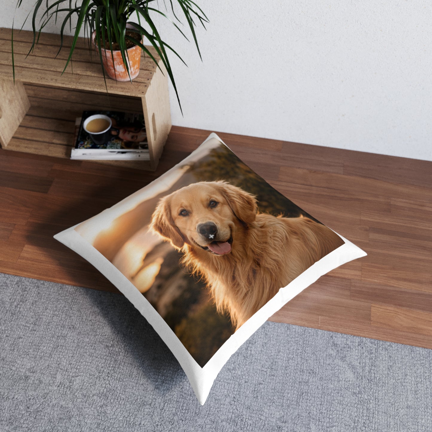 Golden Retriever Photo Floor Pillow — Cozy Square Tufted Pet Cushion
