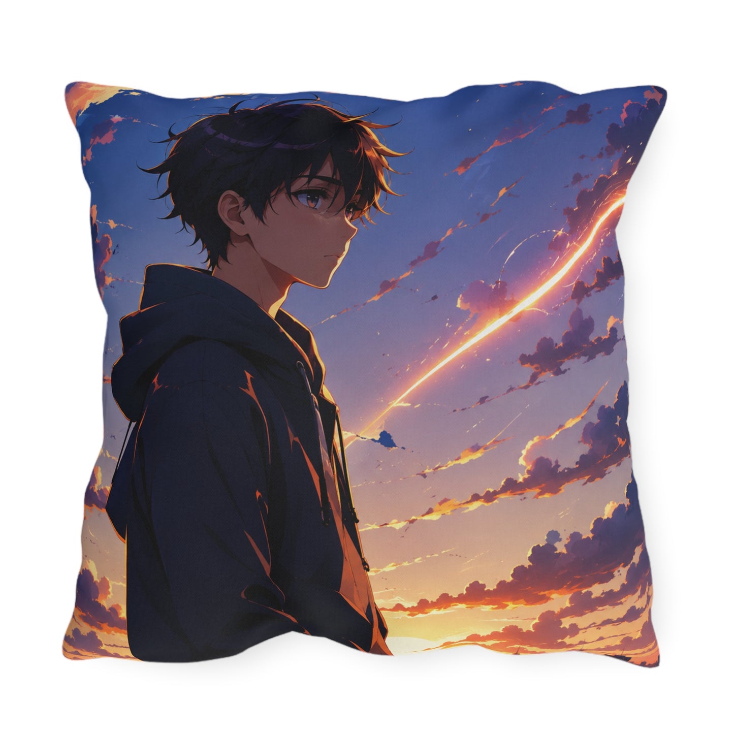 Anime Sunset Boy Outdoor Pillow — Moody Evening Sky Decorative Cushion