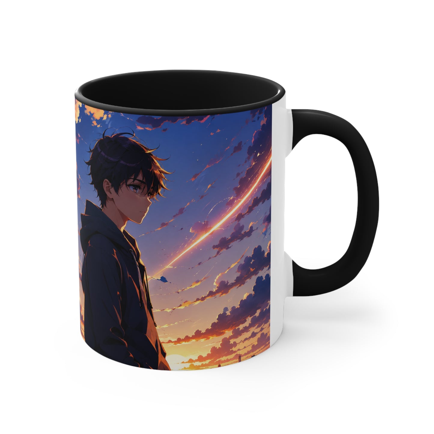 Anime Sunset Accent Mug — Moody Boy Silhouette with Shooting Star
