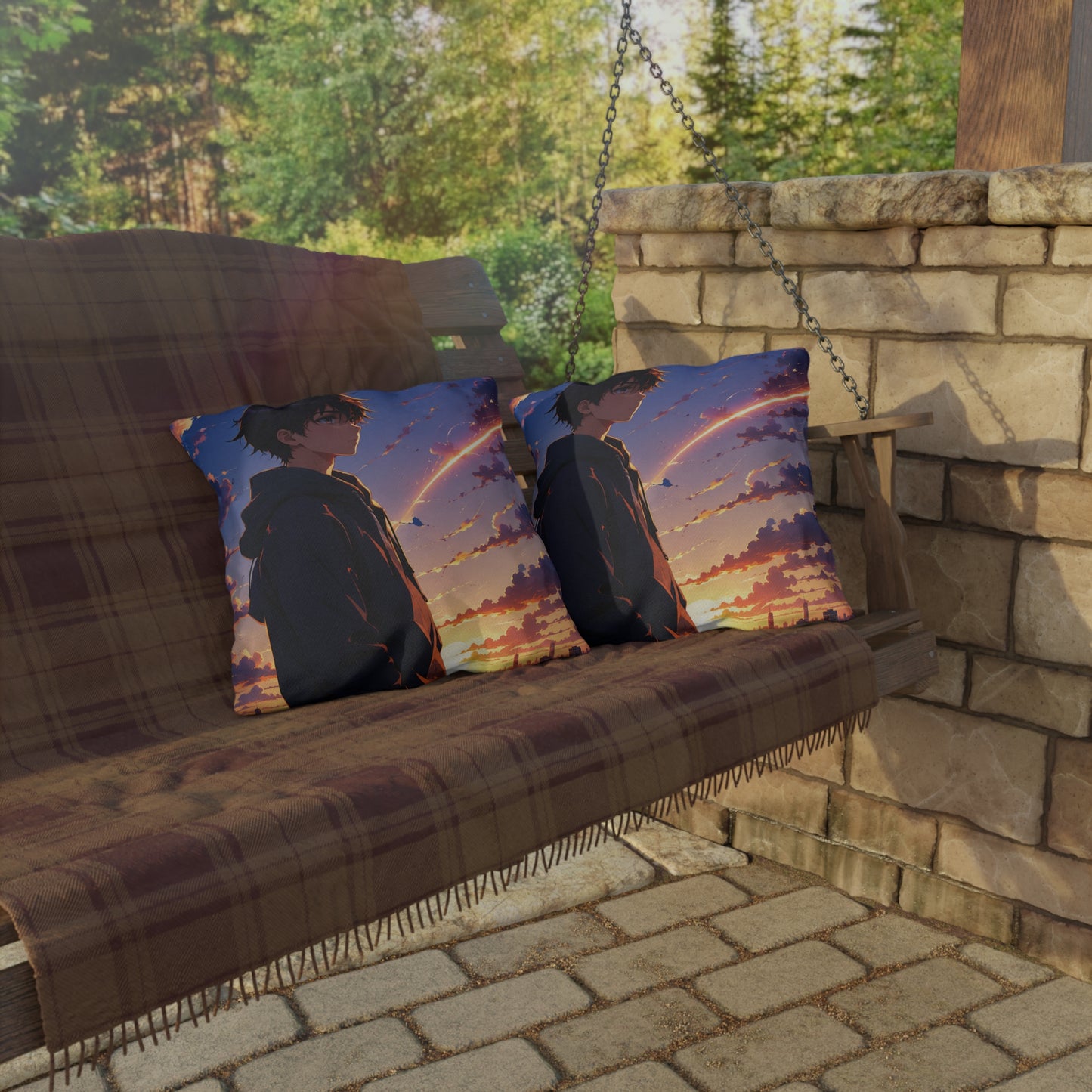 Anime Sunset Boy Outdoor Pillow — Moody Evening Sky Decorative Cushion