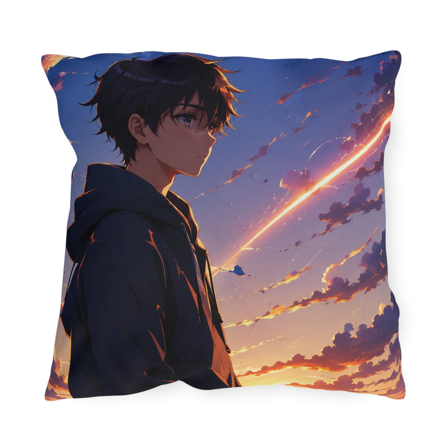 Anime Sunset Boy Outdoor Pillow — Moody Evening Sky Decorative Cushion