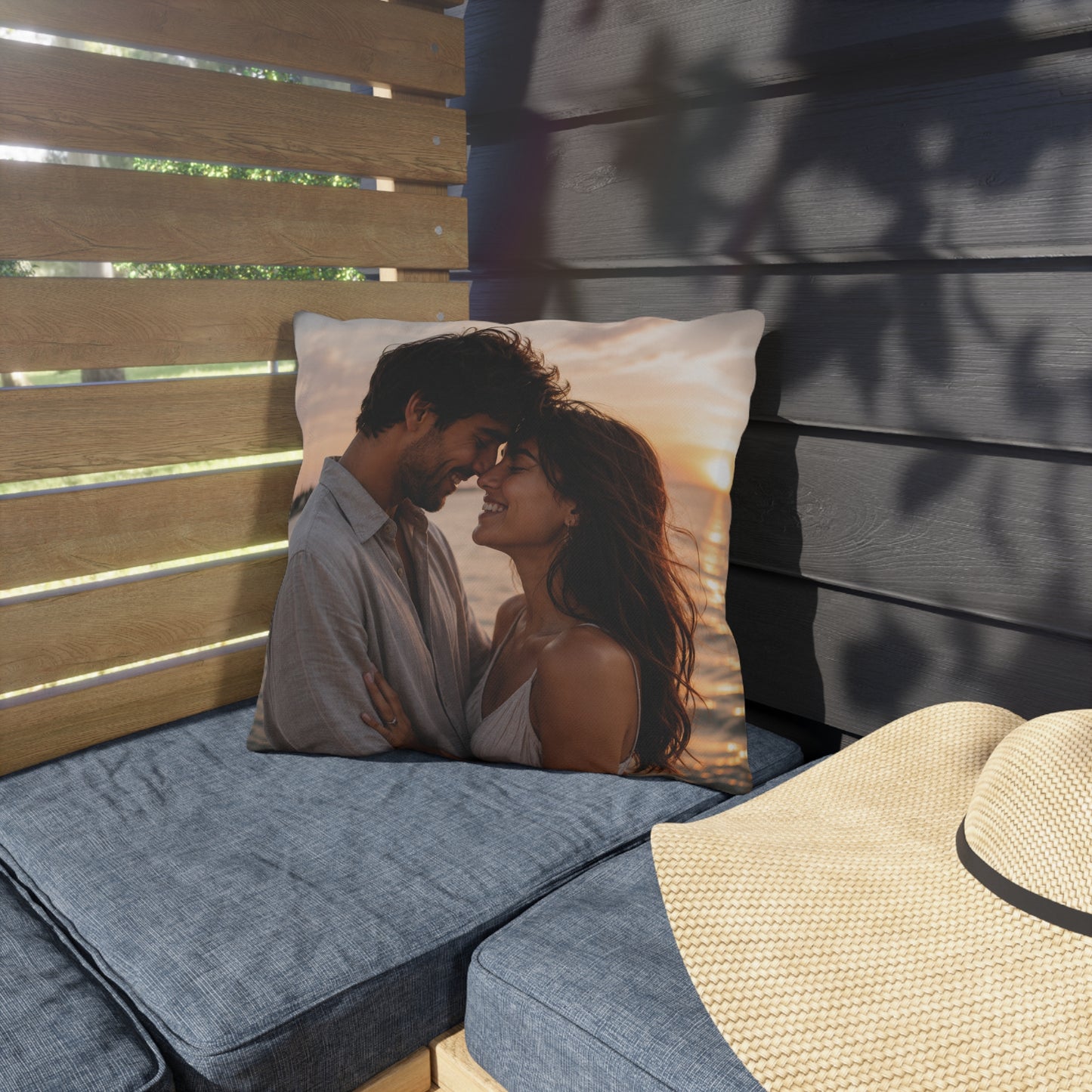 Sunset Romance Outdoor Pillow — Personalized Photo Beach Throw Cushion