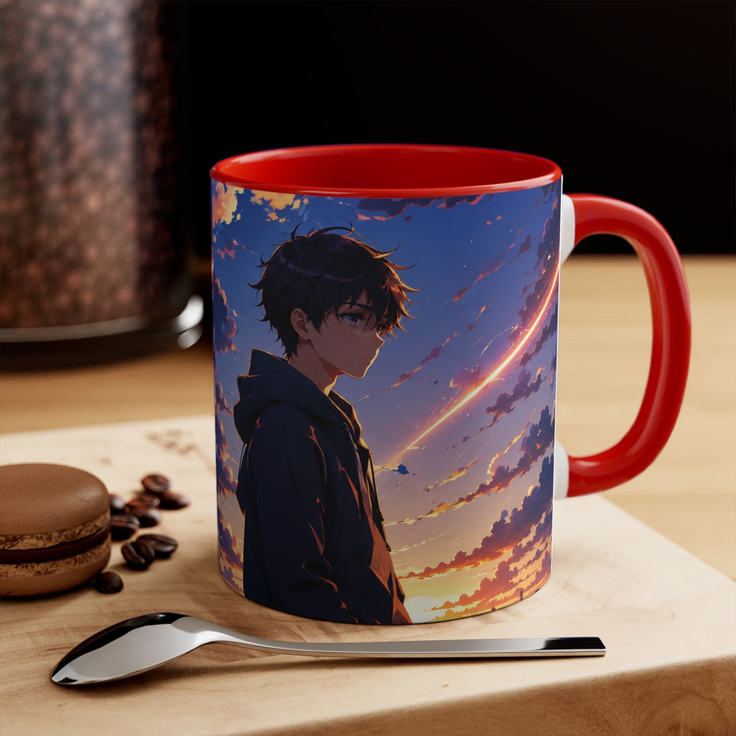 Anime Sunset Accent Mug — Moody Boy Silhouette with Shooting Star