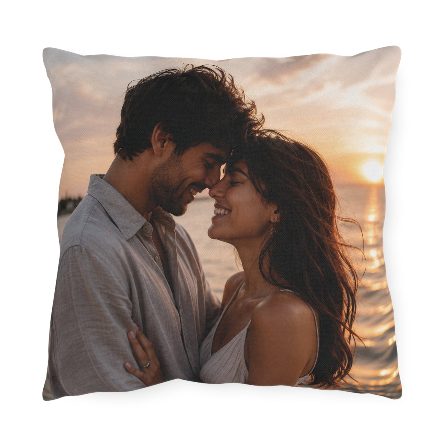 Sunset Romance Outdoor Pillow — Personalized Photo Beach Throw Cushion