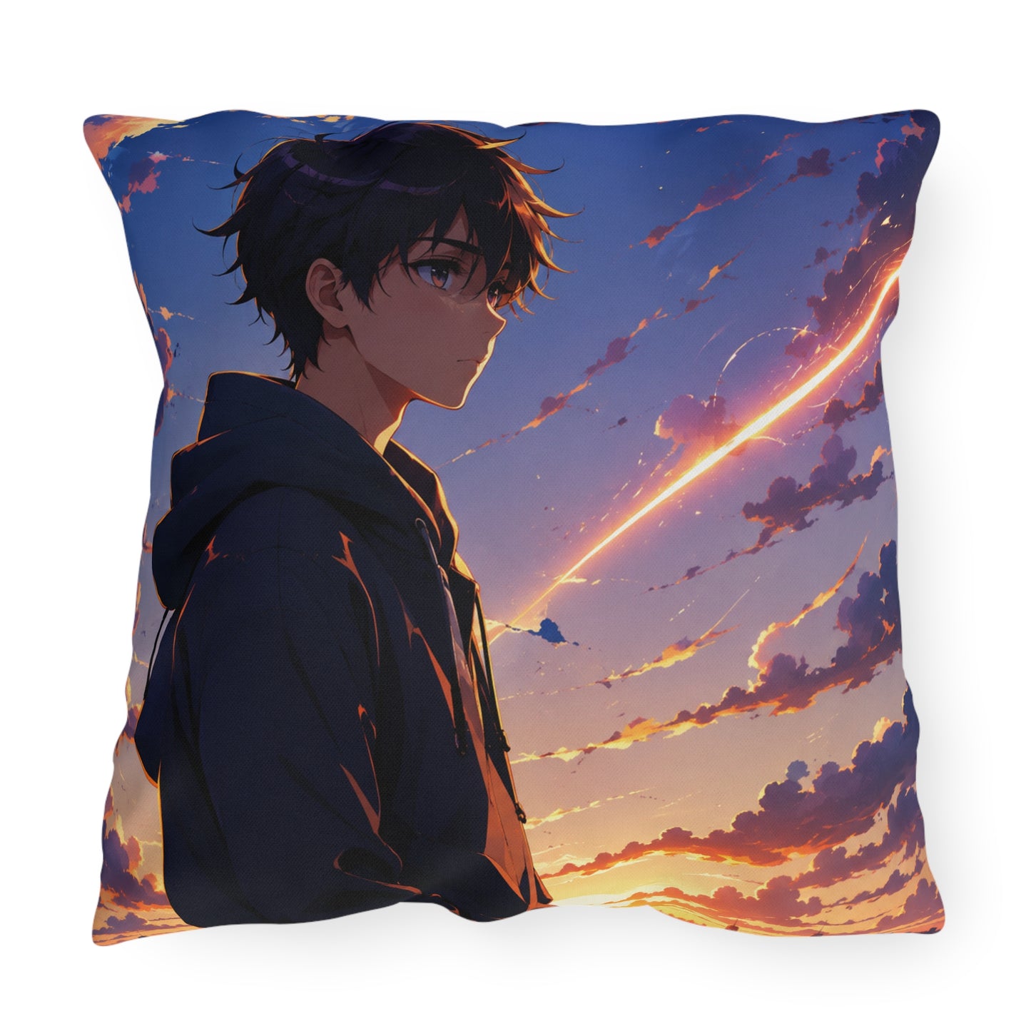 Anime Sunset Boy Outdoor Pillow — Moody Evening Sky Decorative Cushion