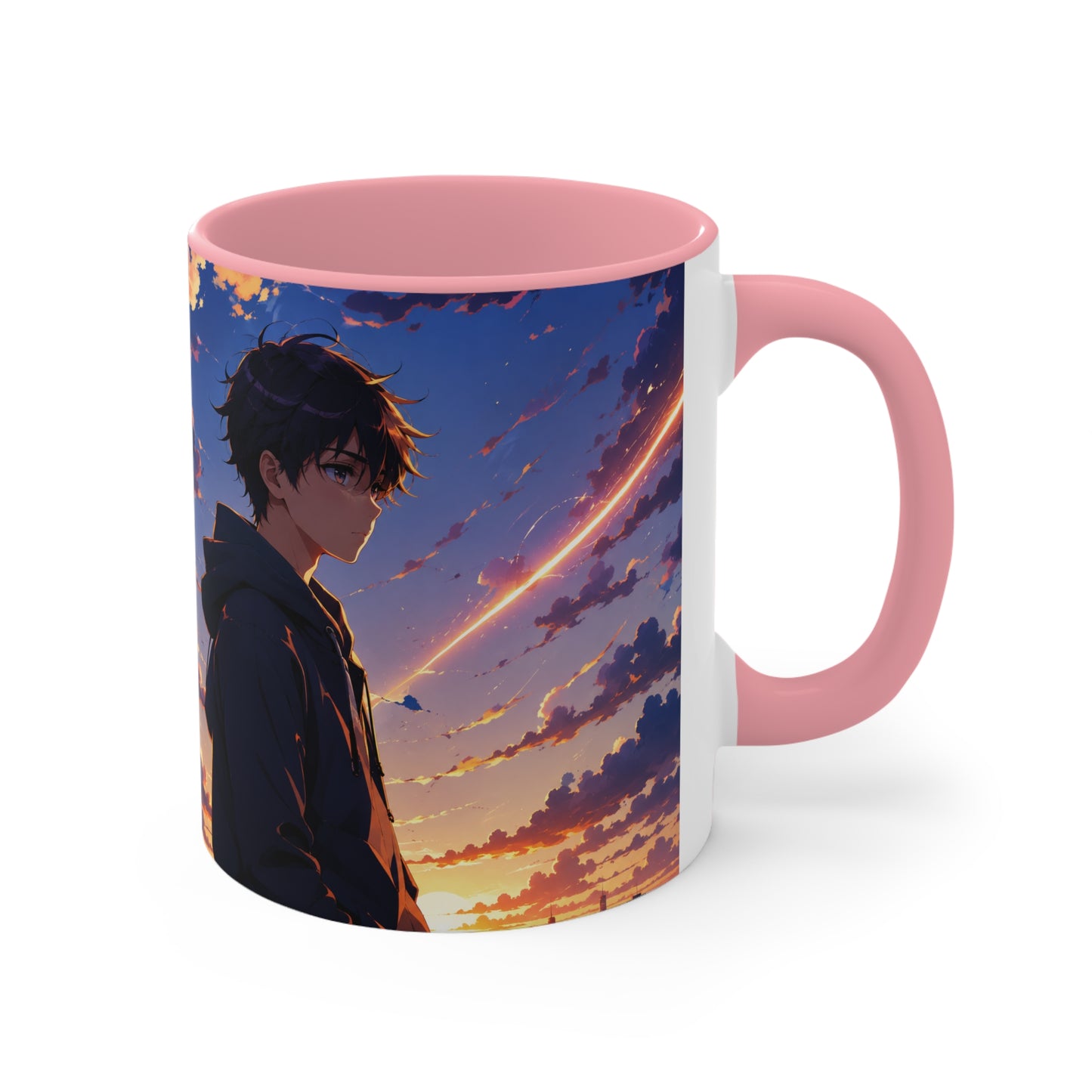 Anime Sunset Accent Mug — Moody Boy Silhouette with Shooting Star