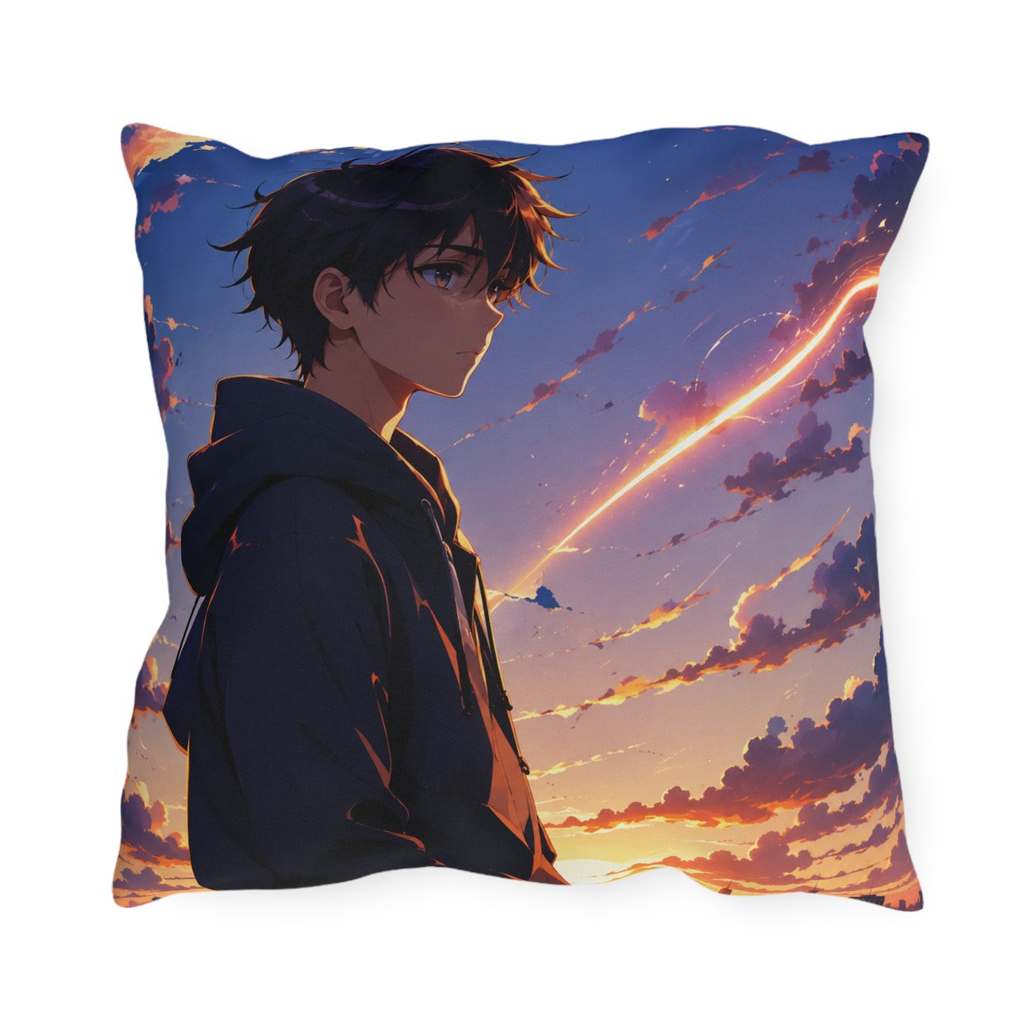 Anime Sunset Boy Outdoor Pillow — Moody Evening Sky Decorative Cushion