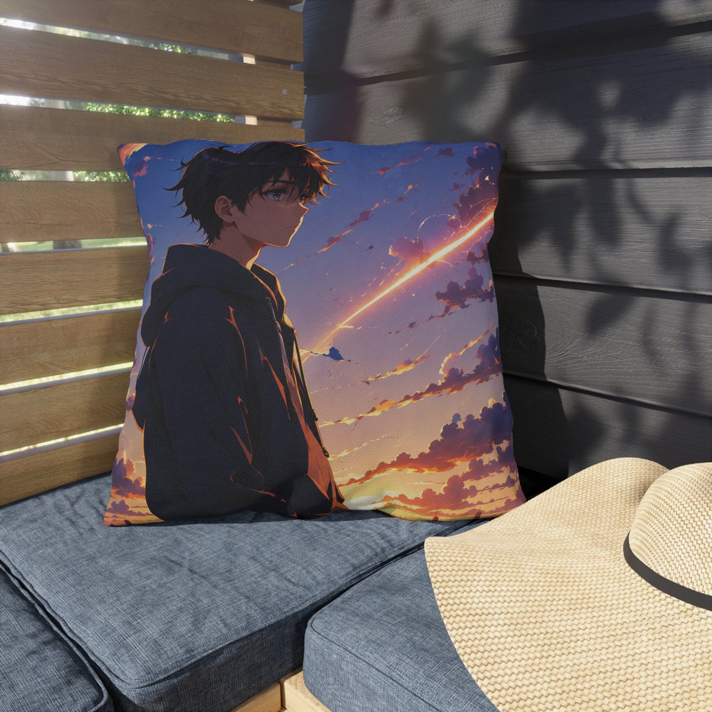 Anime Sunset Boy Outdoor Pillow — Moody Evening Sky Decorative Cushion