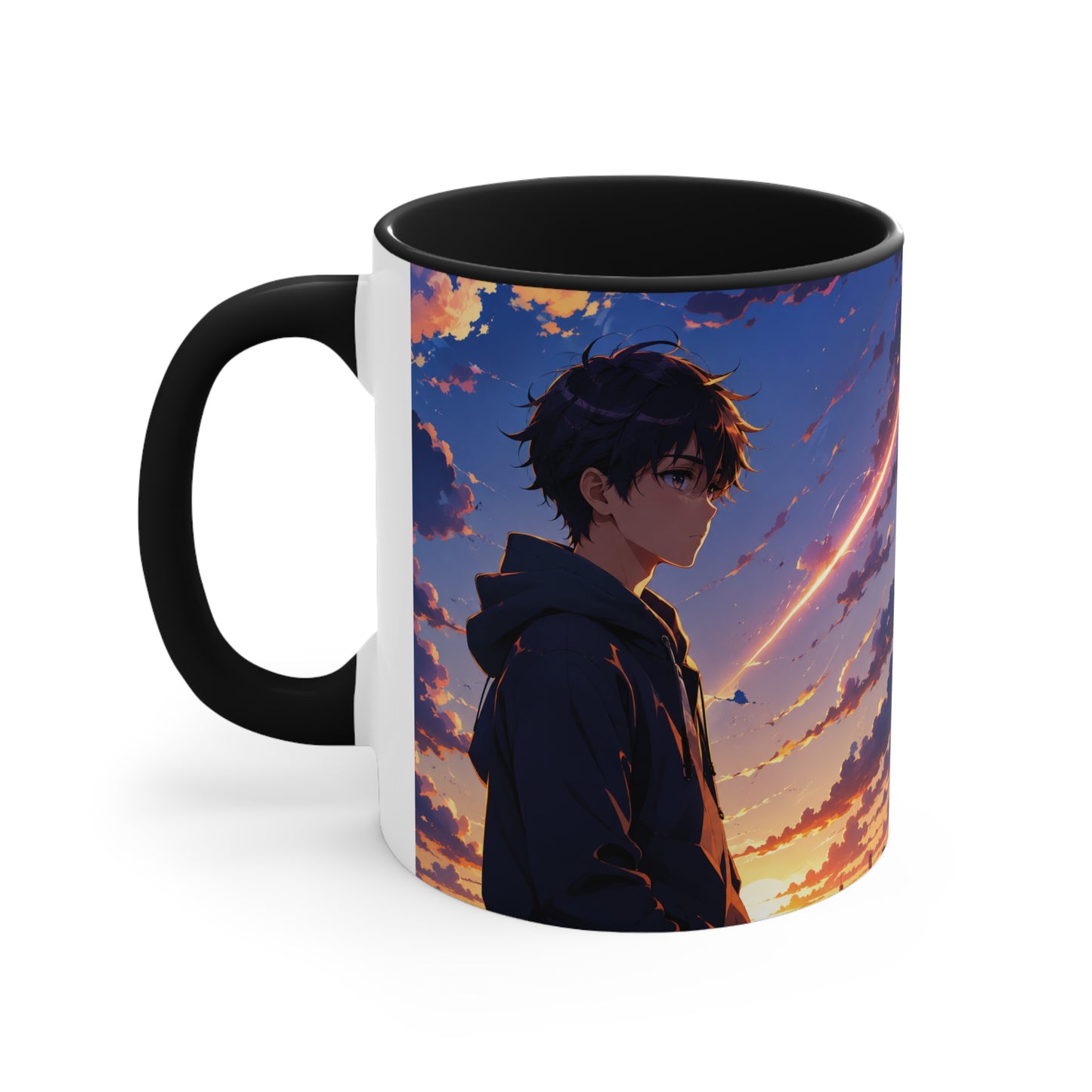 Anime Sunset Accent Mug — Moody Boy Silhouette with Shooting Star