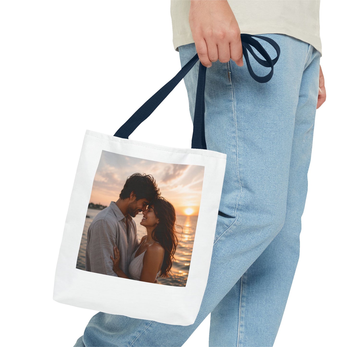 Personalized Photo Tote Bag — Custom Couple Sunset Portrait Beach Bag