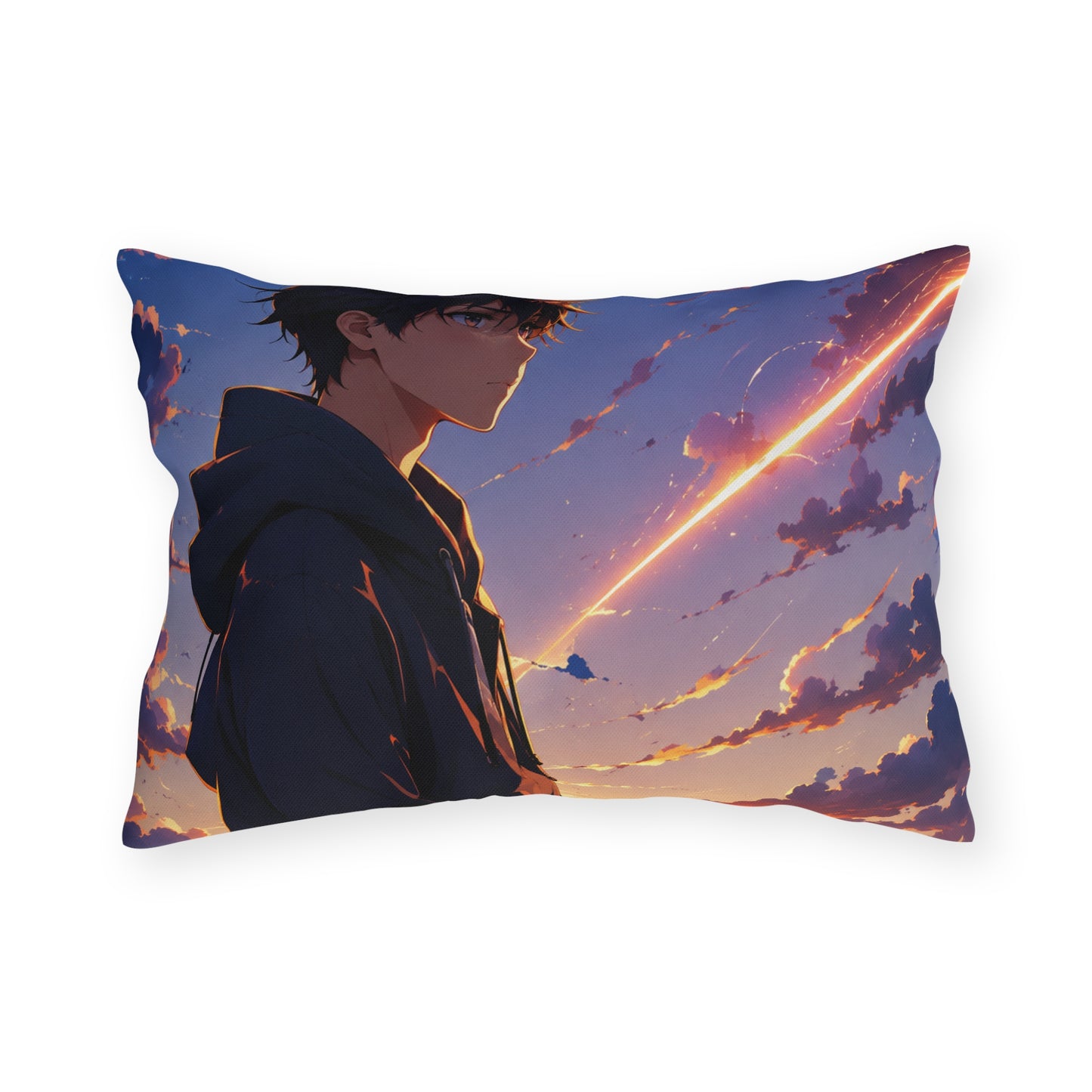 Anime Sunset Boy Outdoor Pillow — Moody Evening Sky Decorative Cushion