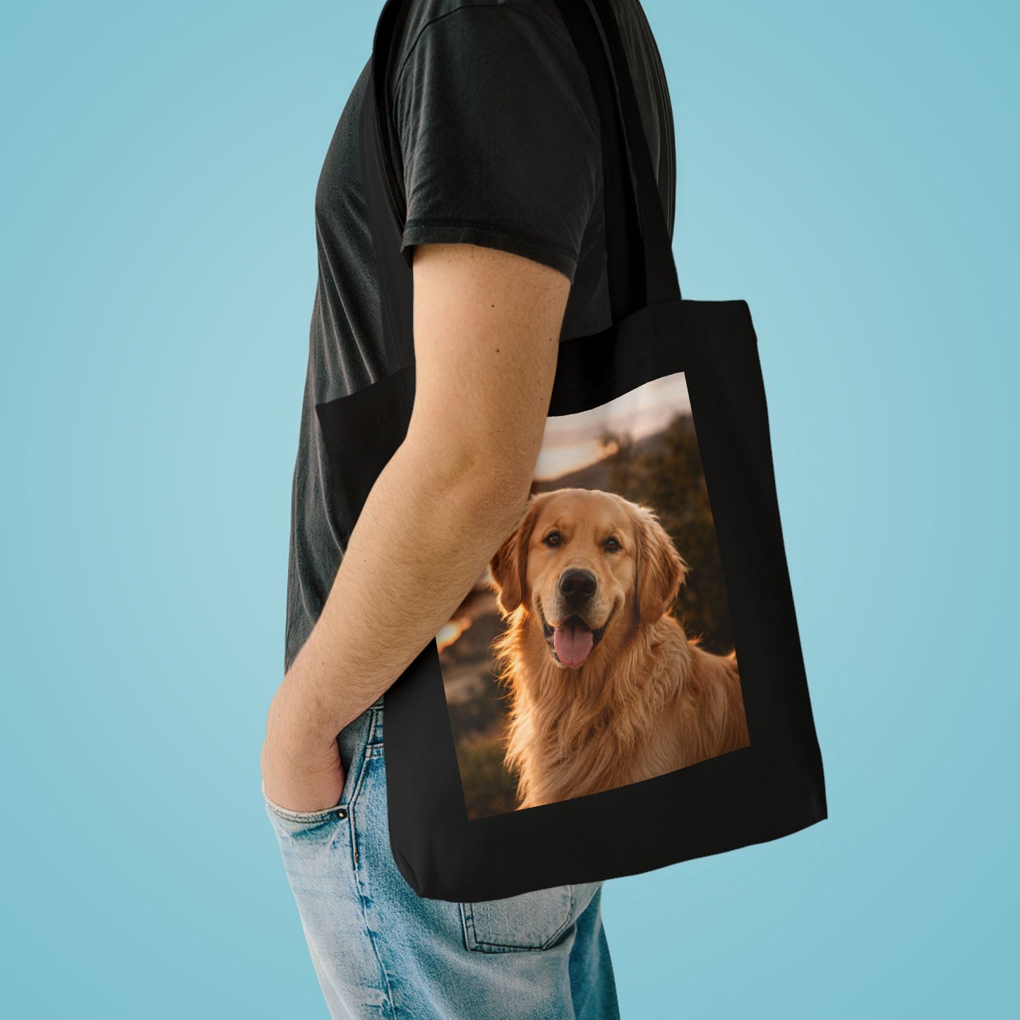 Golden Retriever Photo Tote Bag — Cute Dog Beach Sunset Canvas Tote