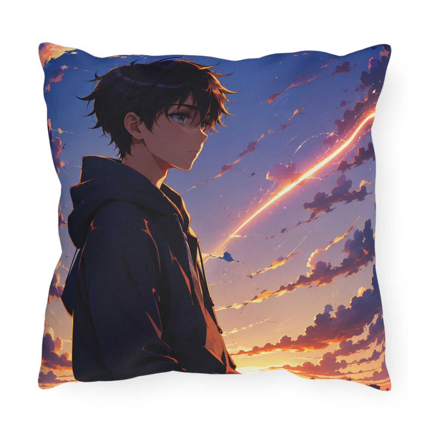 Anime Sunset Boy Outdoor Pillow — Moody Evening Sky Decorative Cushion