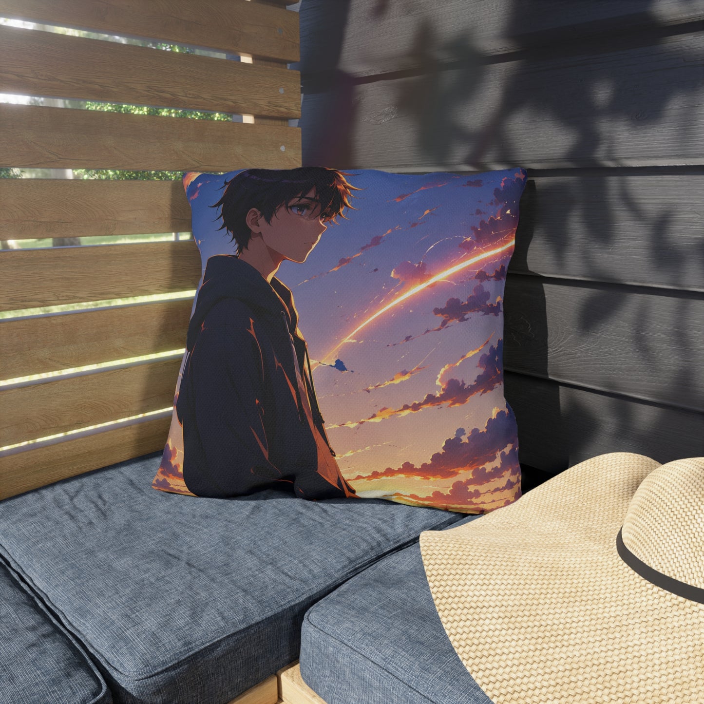Anime Sunset Boy Outdoor Pillow — Moody Evening Sky Decorative Cushion