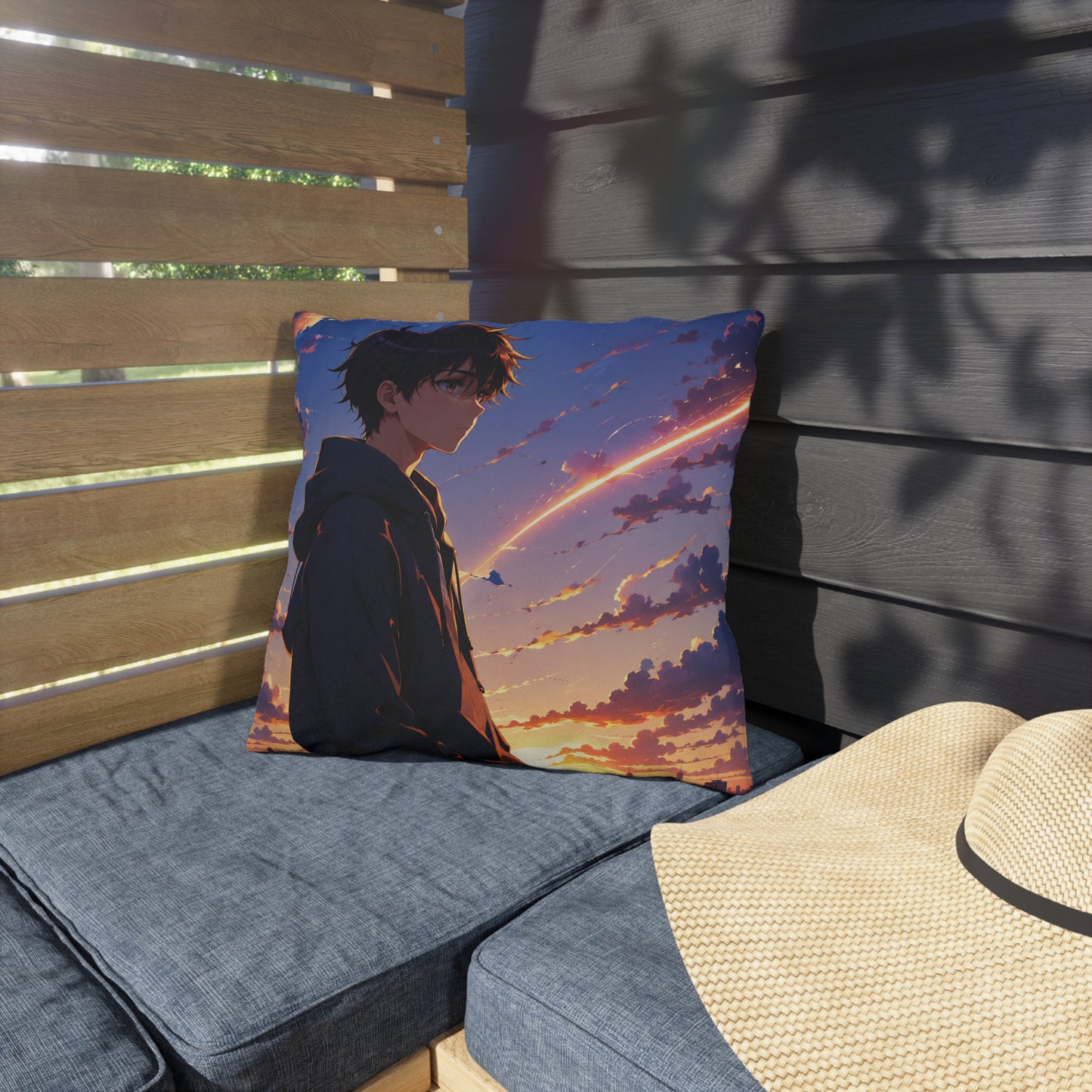 Anime Sunset Boy Outdoor Pillow — Moody Evening Sky Decorative Cushion